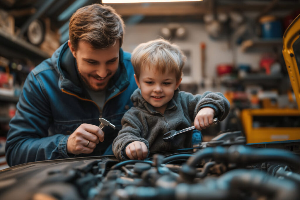 padre e hijo en taller mecanico